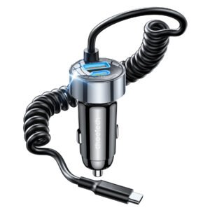 Choetech 65W Fast Car Charger with Stretchable Type-C Cable - Black (Model TC0030)